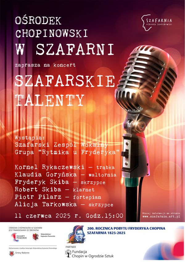 Plakat przedstawiający zaproszenie na koncert Szafarskie Talenty. Na plakacie znajduje się obsada osób, którzy wystąpią na...