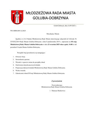 Zaproszenie na III sesję  Młodzieżowej Rady Miasta Golubia-Dobrzynia w dniu 23 września 2025 r. godz 14.00