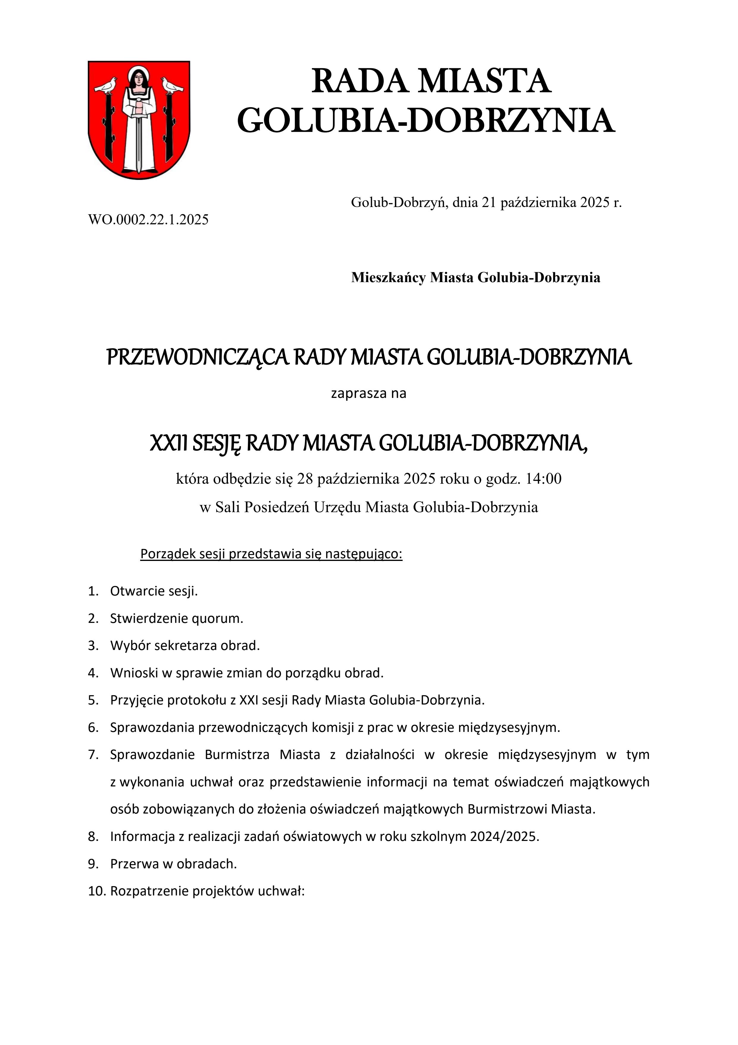 Zaproszenie na XXII sesję Rady Miasta Golubia-Dobrzynia w dniu 28 października 2025 r. o godzinie 14 00.2