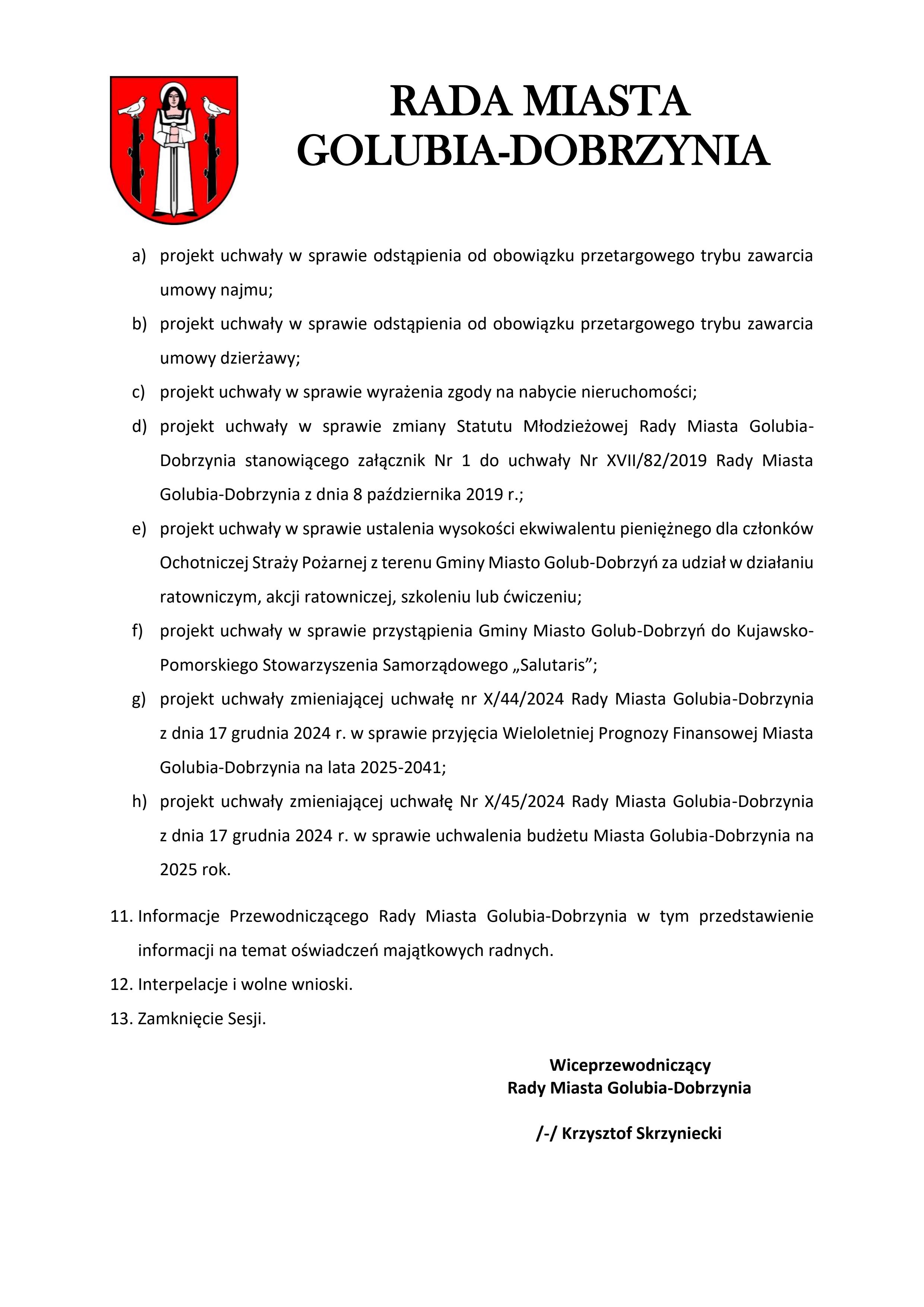 Zaproszenie na XXII sesję Rady Miasta Golubia-Dobrzynia w dniu 28 października 2025 r. o godzinie 14 00.1