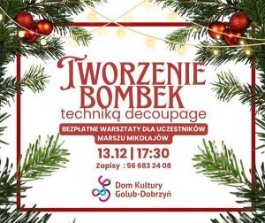 plakat z zaproszeniem na tworzenie bombek rechniką decoupage