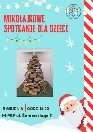 plakat z informacją o Mikołajkowy Spotkaniu w Miejskiej i Powiatowej Bibliotece Publicznej