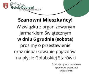 plakat z informacją o nieparkowaniu na Golubskiej Starówce