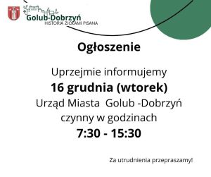 Ogłoszenie o pracy Urzedu Miasta w dniu 16 grudnia 2025 r.