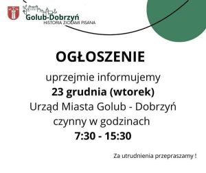Ogłoszenie o godzinach pracy Urzędu miasta w dniu 23 grudnia 2025 r.