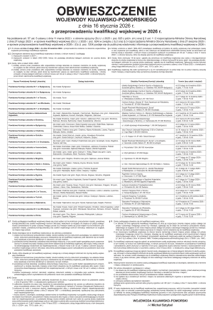 OBWIESZCZENIE WOJEWODY KUJAWSKO-POMORSKIEGO z dnia 16 stycznia 2026 r. o przeprowadzeniu kwalifikacji wojskowej w 2026 r.