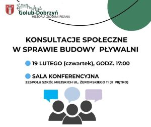 plakat z informacja o konsultacjach społecznych w sprawie pływalni