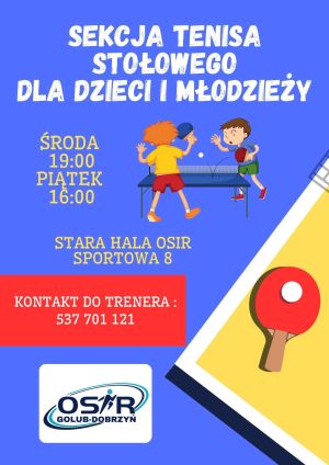 plakat z informacja o zapisach do sekcji tenisa stołowego dla dzieci i dorosłych