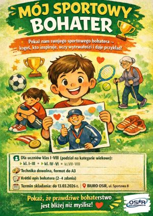 plakat z informacją o konkursie "Mój sportowy bohater"