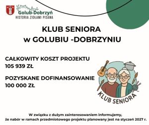 informacja o pozyskanym dofinansowaniu na Klub seniora
