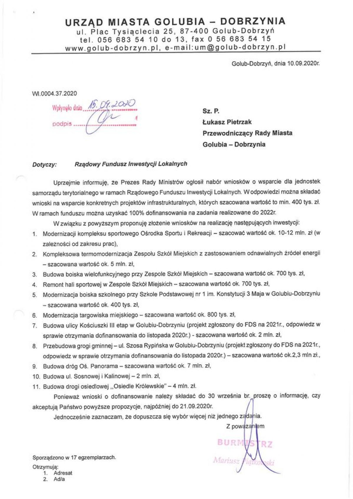 skan pisma Burmistrza do Rady Miasta