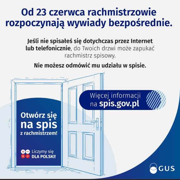 Od 23 czerwca br. rachmistrzowie spisowi rozpoczynają realizację wywiadów bezpośrednich w terenie.