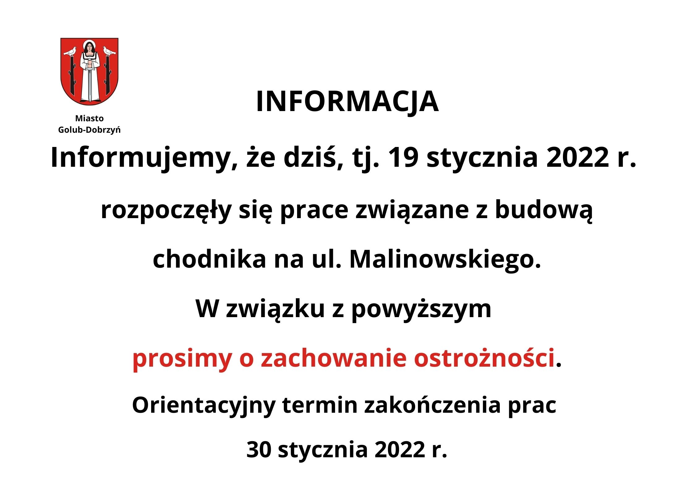 UWAGA - prace budowlane na ul. Malinowskiego