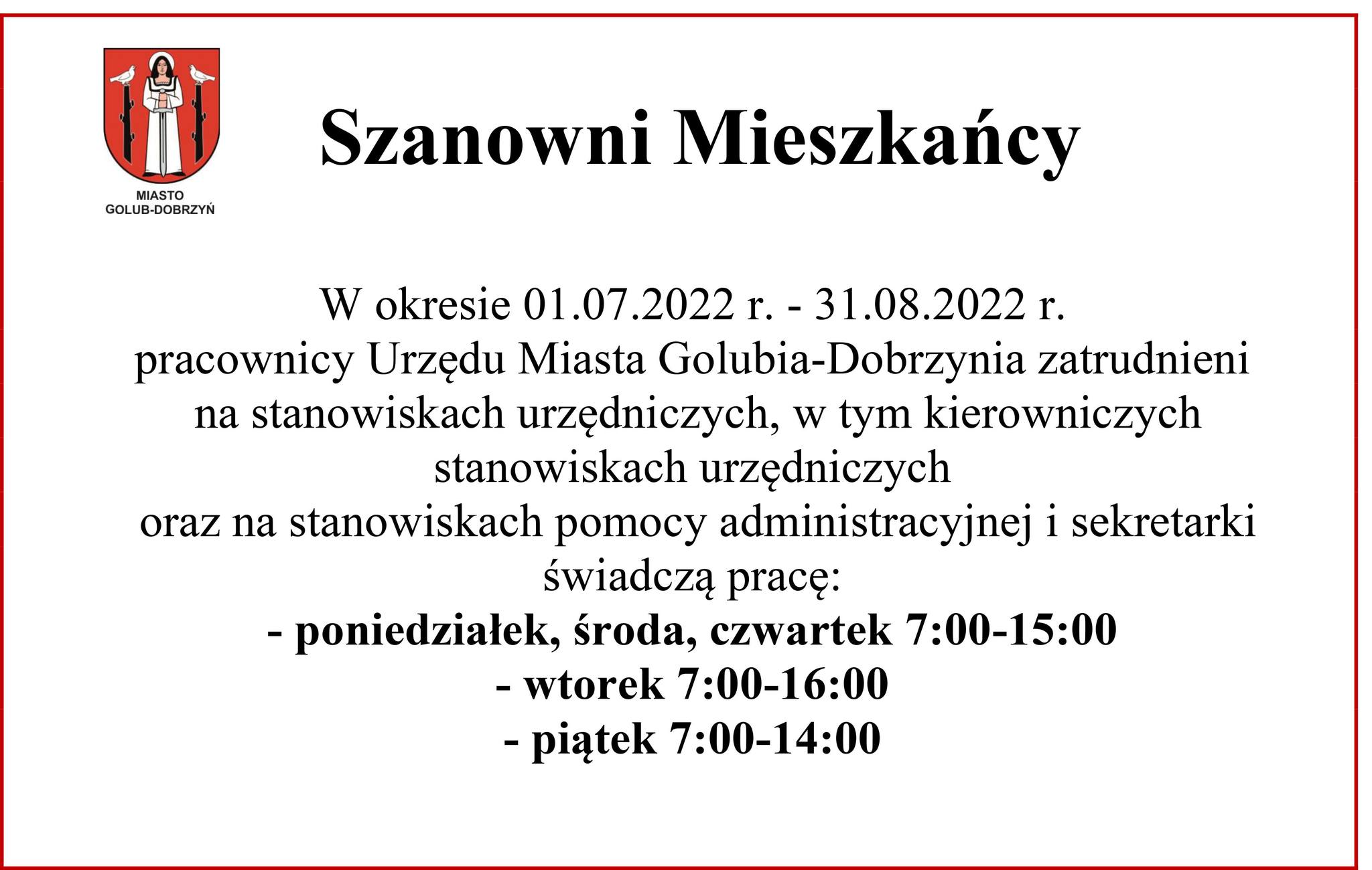 Godziny pracy Urzędu Miasta Golubia-Dobrzynia
