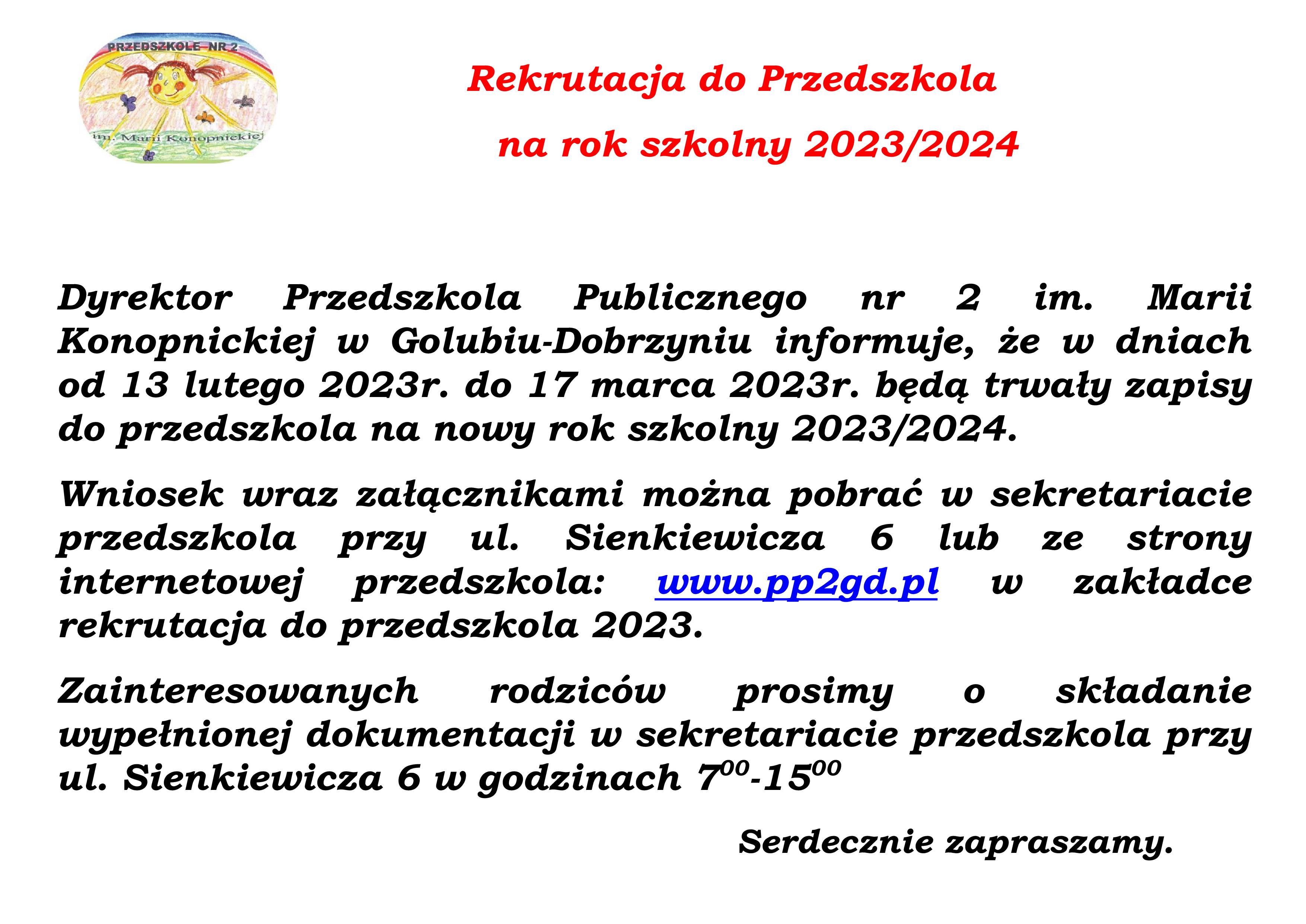 REKRUTACJA DO PRZEDSZKOLA NR 2 NA ROK 2023/2024