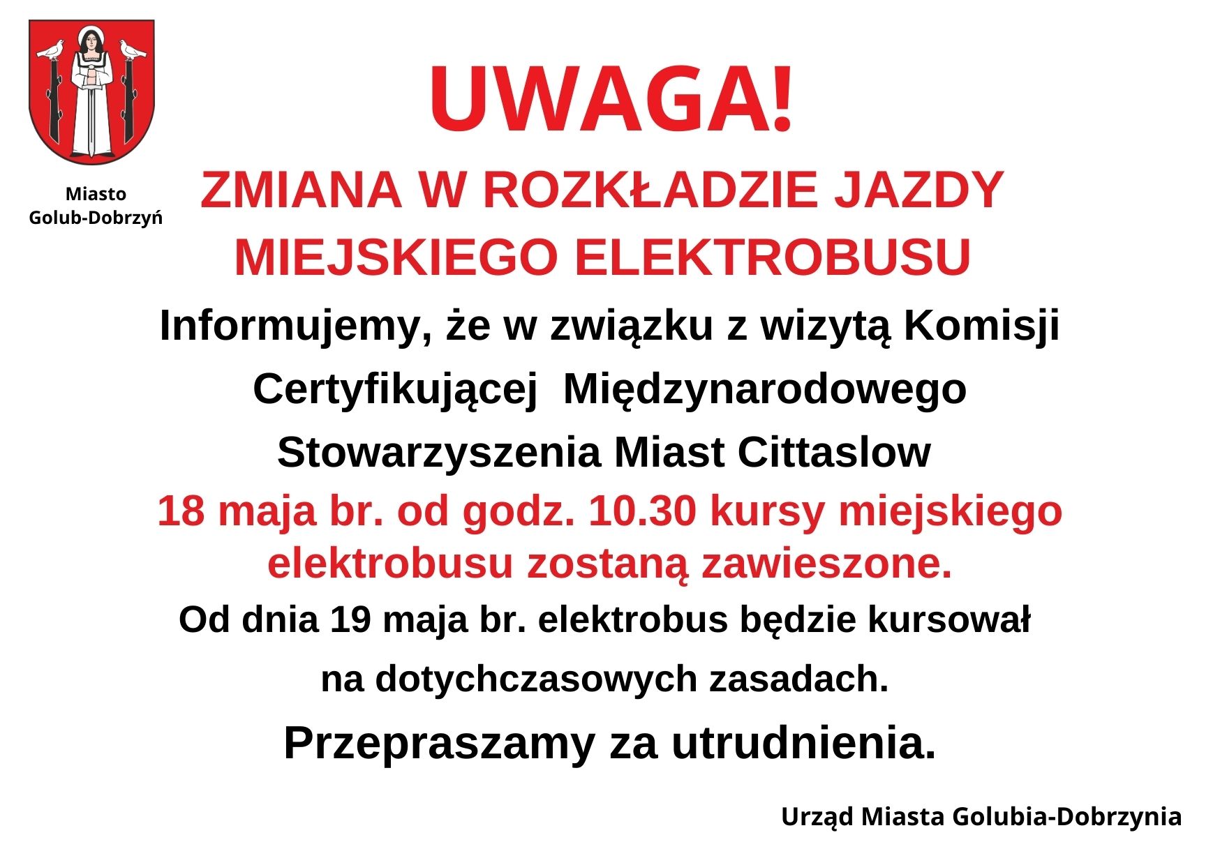 ZMIANA W ROZKŁADZIE JAZDY MIEJSKIEGO ELEKTROBUSU 18 MAJA 2023