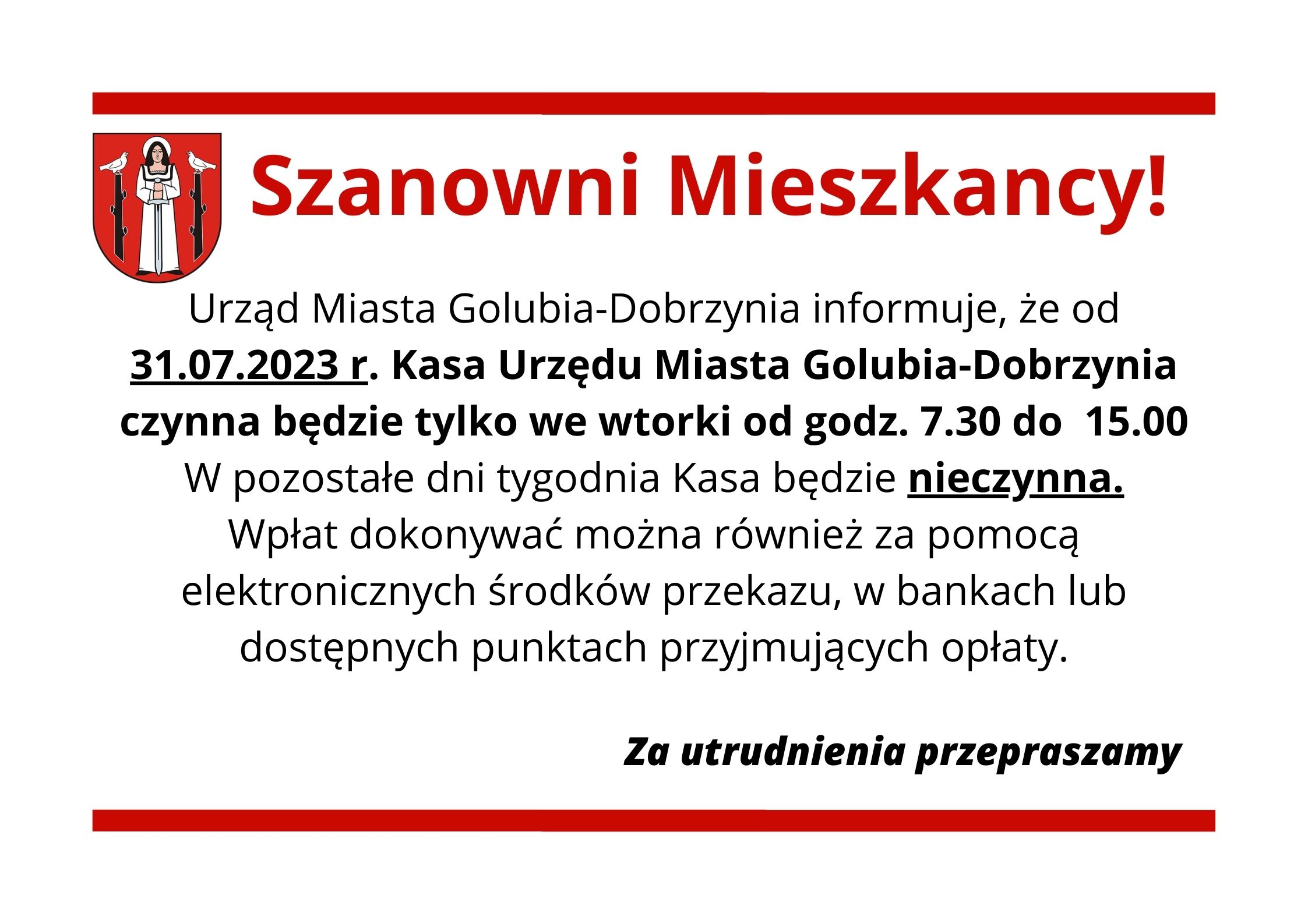 WAŻNA INFORMACJA - ZMIANA GODZIN PRACY KASY URZĘDU