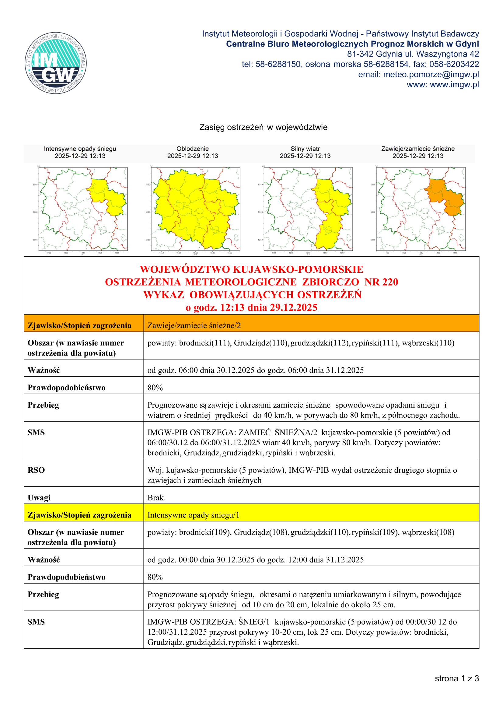 OSTRZEŻENIE METEOROLOGICZNE - OBLODZENIE, SILNY WIATR