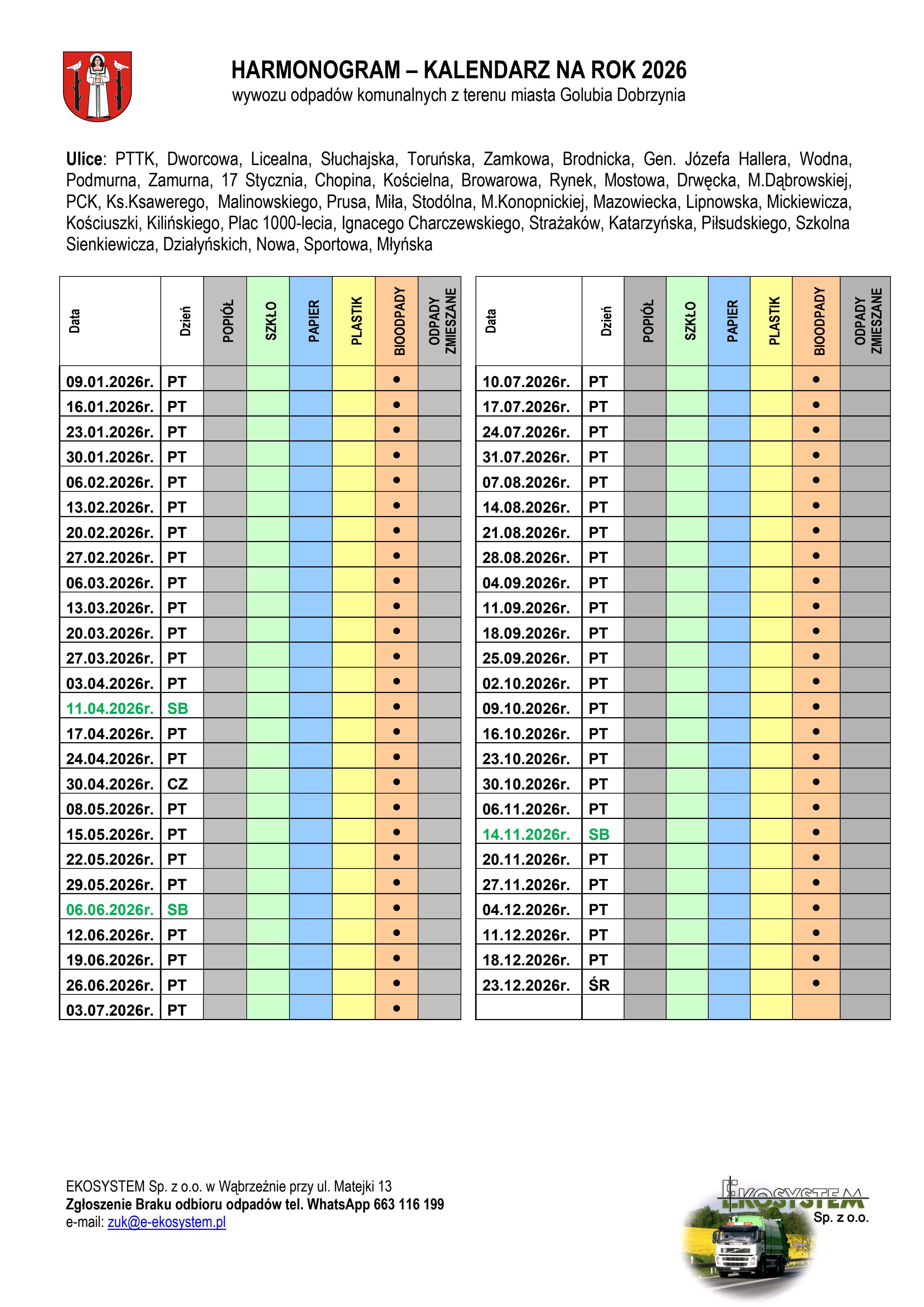 Harmonogramy wywozu śmieci 2026 rok