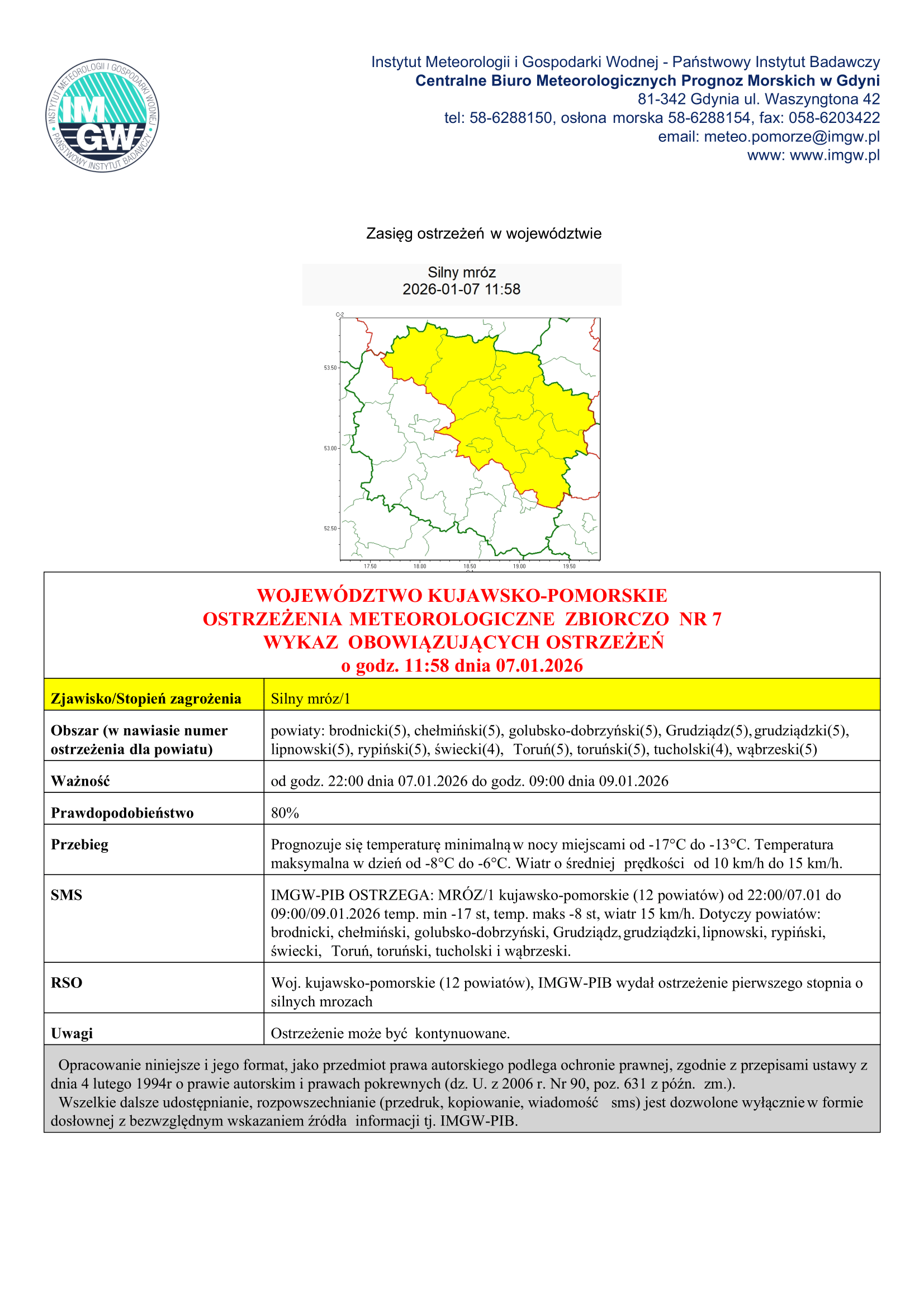 OSTRZEŻENIE METEOROLOGICZNE - SILNY MRÓZ