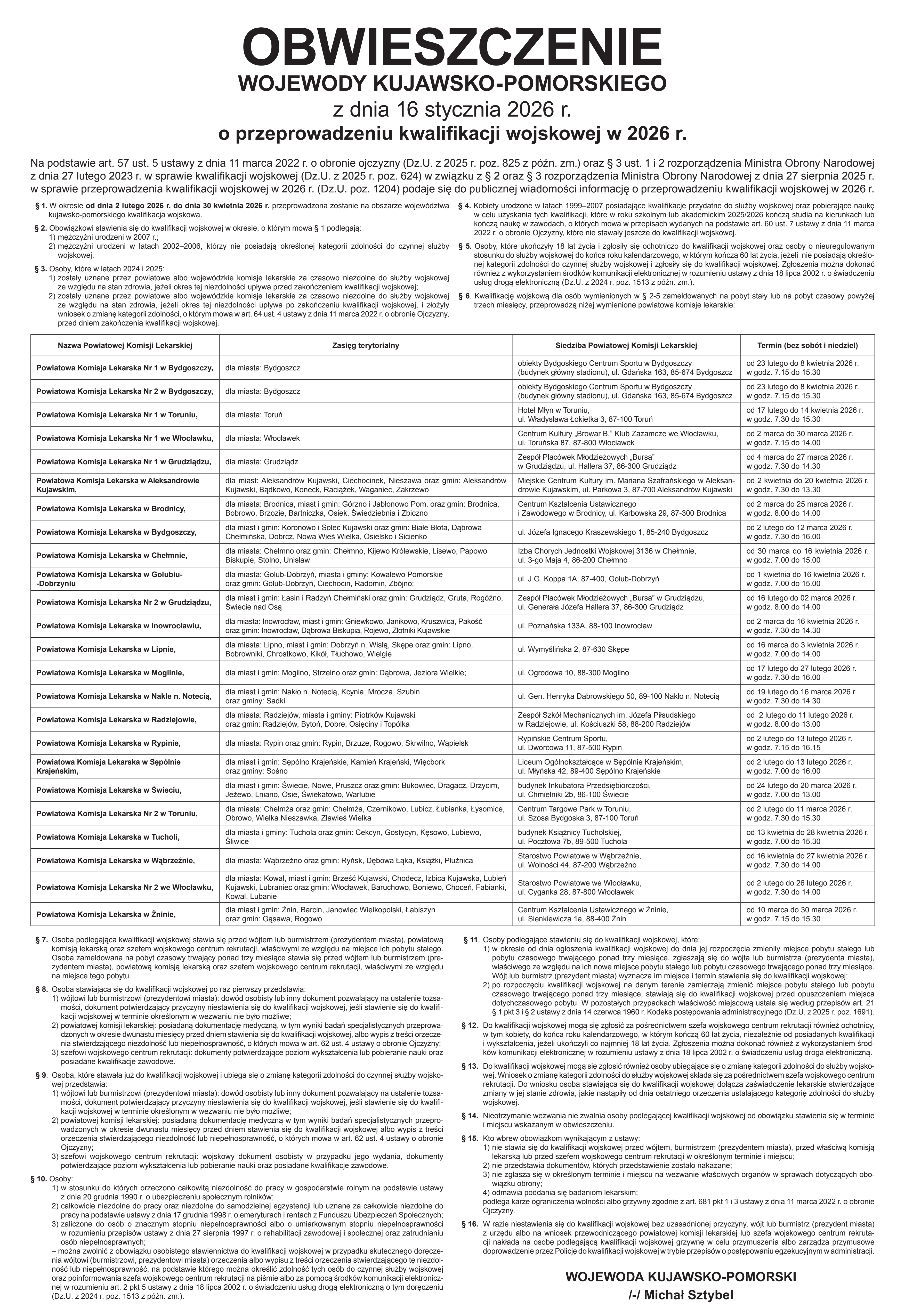 OBWIESZCZENIE WOJEWODY KUJAWSKO-POMORSKIEGO z dnia 16 stycznia 2026 r. o przeprowadzeniu kwalifikacji wojskowej w 2026 r.