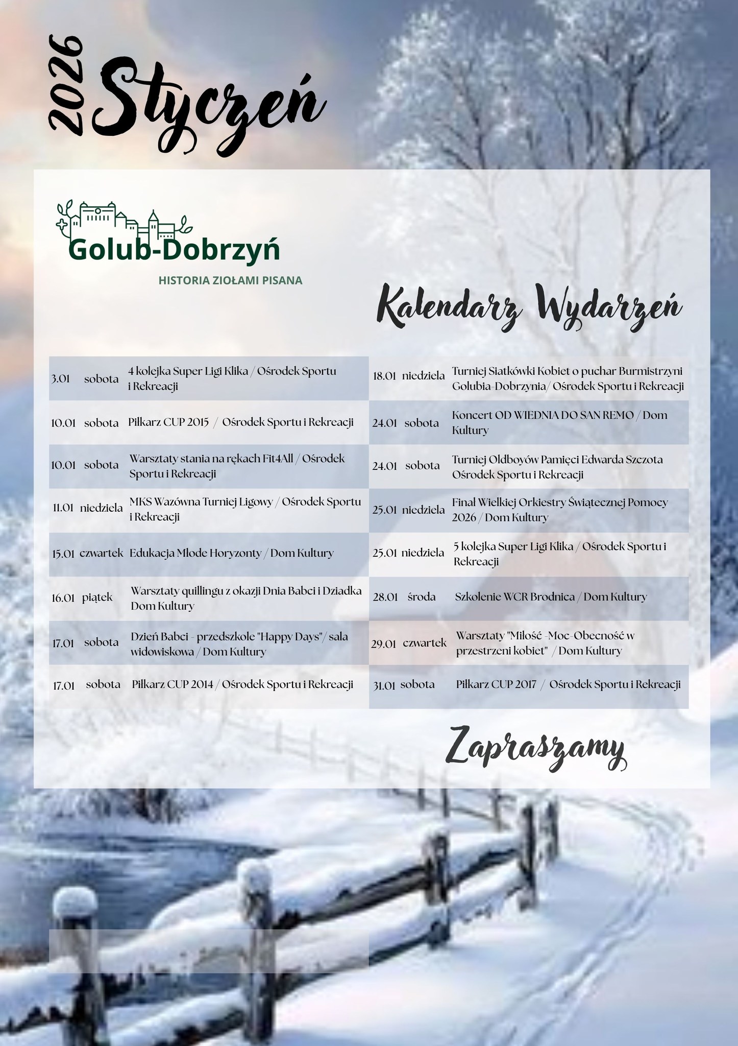 Kalendarz wydarzeń Styczeń 2026 rok