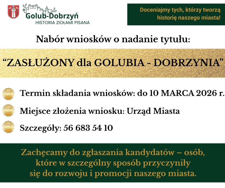 Instrukcja zgłaszania kandydatów do Medalu "Zasłużony dla Golubia-Dobrzynia"