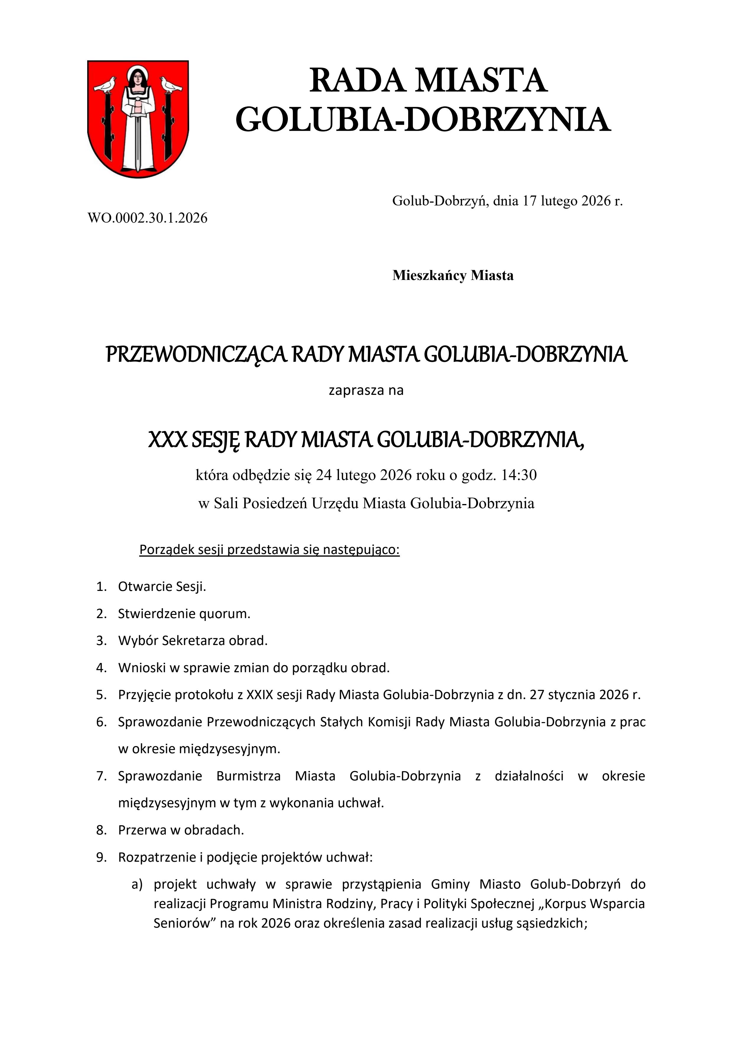 Zaproszenie na XXX sesję Rady Miasta Golubia-Dobrzynia str. 1