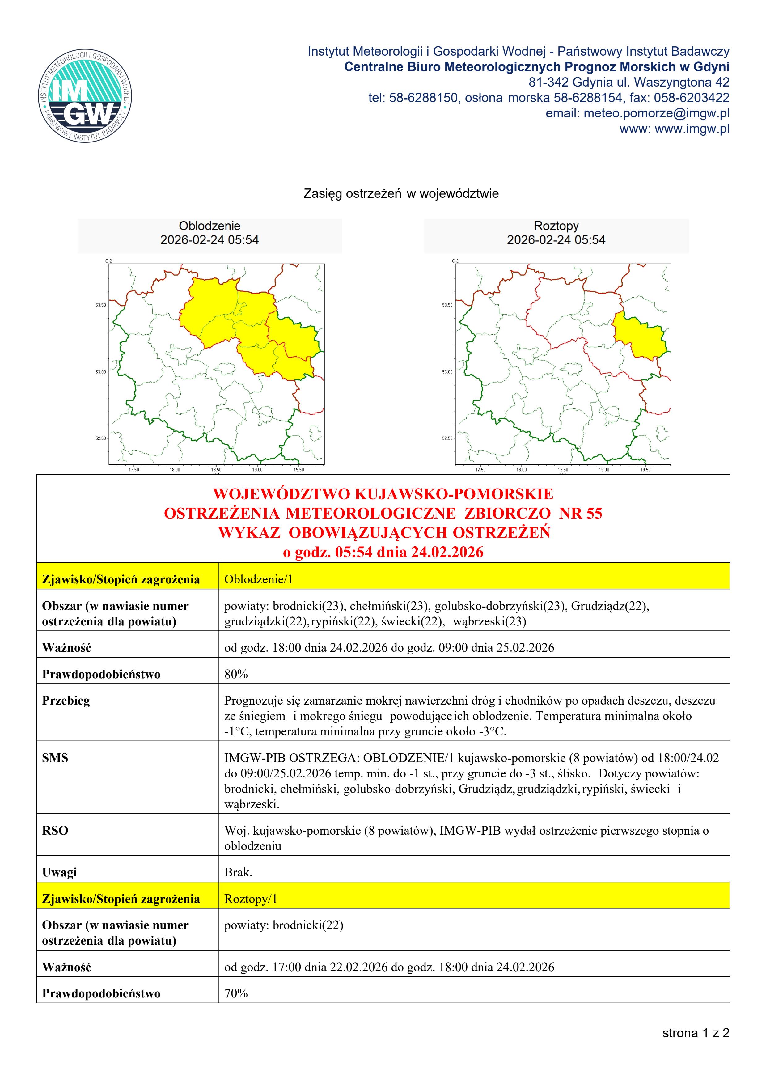 OSTRZEŻENIE METEOROLOGICZNE - OBLODZENIE
