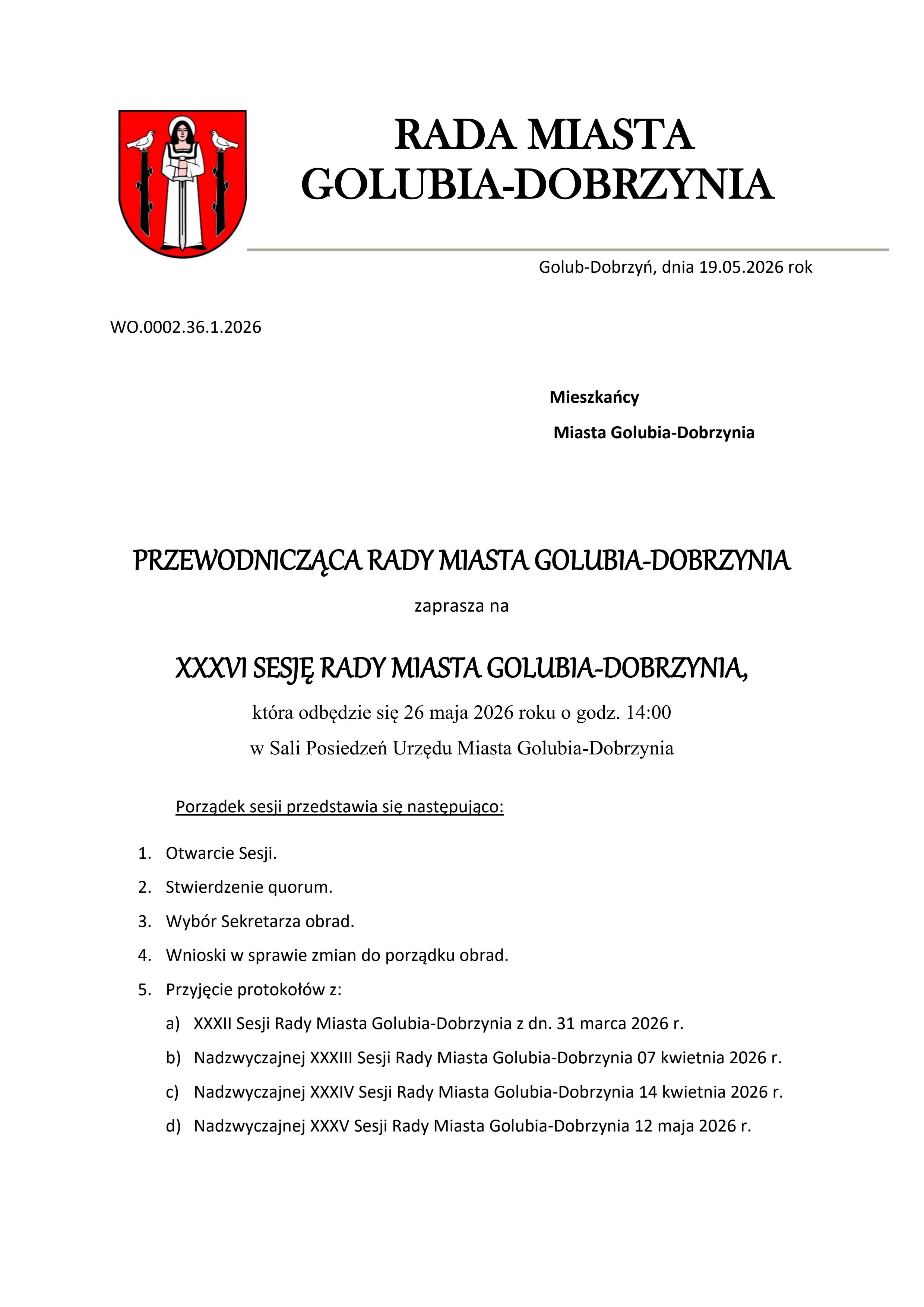 Zaproszenie na XXXVI Sesję Rady Miasta Golubia-Dobrzynia str. 1