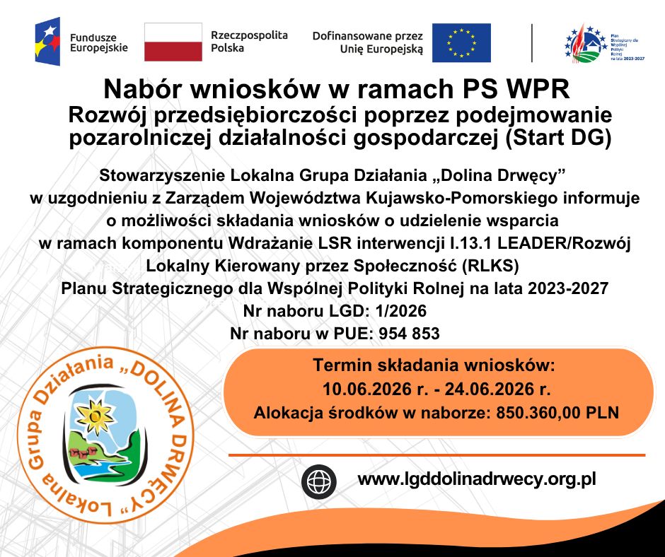 Stowarzyszenie Lokalna Grupa Działania „Dolina Drwęcy” informuje naborze wniosków na podejmowanie pozarolniczej działalności gospodarczej (START DG).