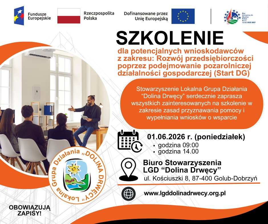 Stowarzyszenie Lokalna Grupa Działania „Dolina Drwęcy” zaprasza na szkolenie dotyczące naboru wniosków nr 1/2026